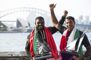 Omani Team mates Ali Al Balushi (OMA) and The Wave Muscat's Nasser Al Mashari (OMA) - 2015 Extreme Sailing Series photo copyright Lloyd Images taken at  and featuring the  class