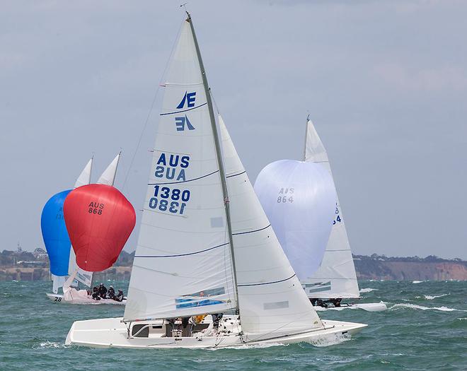 Fifteen+ (David Clark, Mark Langford, Mick Slinn and Sean O’Rourke) go back uphill as some of the other leaders head into the bottom gate. - 2016 Etchells Australian Championship ©  John Curnow
