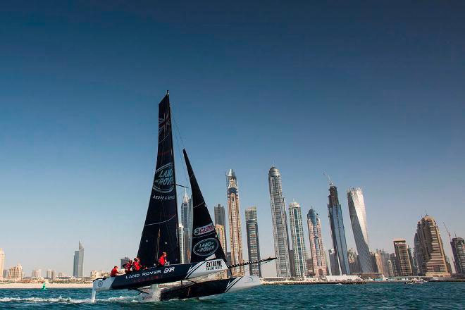 Land Rover BAR Academy foiling on the first day of training in Dubai © Lloyd Images