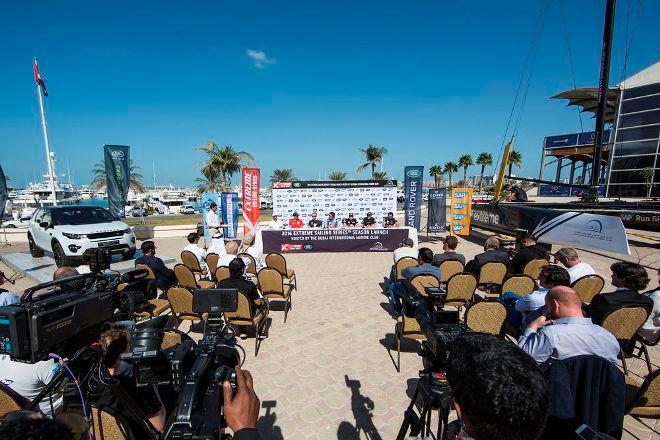 The skippers for the 2016 Extreme Sailing Series meet the media hosted by the Dubai International Marine Club © Lloyd Images
