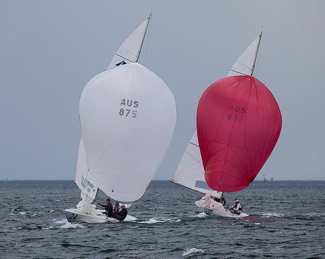 Whisper (winner) and Animal House (second) bring it down to the finish of Race Five. - 2016 Etchells Australian Championship ©  John Curnow