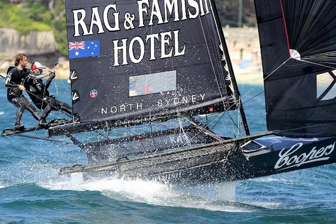 Coopers 62-Rag and Famish Hotel at top speed on the spinnaker run into Rose Bay - 2016 JJ Giltinan 18ft Skiff Championship © Frank Quealey /Australian 18 Footers League http://www.18footers.com.au