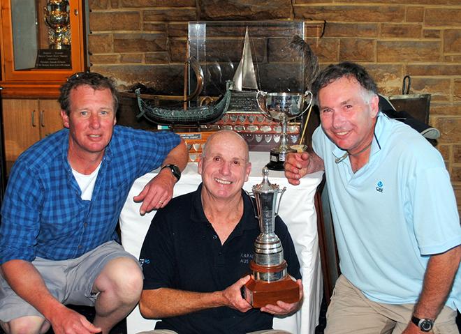 Prince Philip Cup winners with their loot at the RYCT,  from left Simon Burrows, Nick Rogers and Leigh Behrens.  ©  Peter Campbell