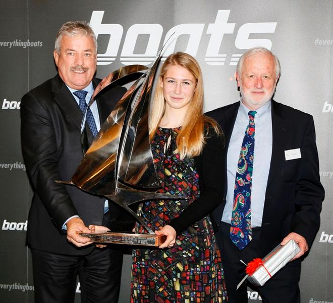 15 year old Eleanor Poole from Dunsford, Devon,  winner of the boats.com YJA Young Sailor of the Year Award, presented by Ian Atkins, CEO of boats.com, and Paul Gelder, Chairman of the Yachting Journalists' Association at Trinity House, London. © Patrick Roach