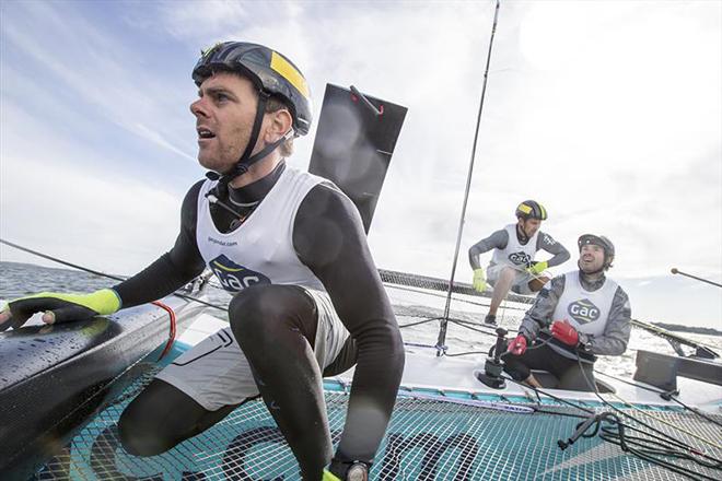 Full action on board the GAC Pindar boat skippered by the king of Match Racing, Ian Williams, on day 2 of the M32 Series at Helsinki © Aston Harald / M32 Series