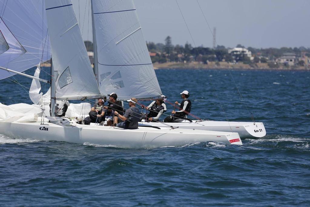 Fair Dinkum and GenXY head for the finish in Race Three. Close racing indeed! - 2016 Etchells AUS Championship © Kylie Wilson Positive Image - copyright http://www.positiveimage.com.au/etchells