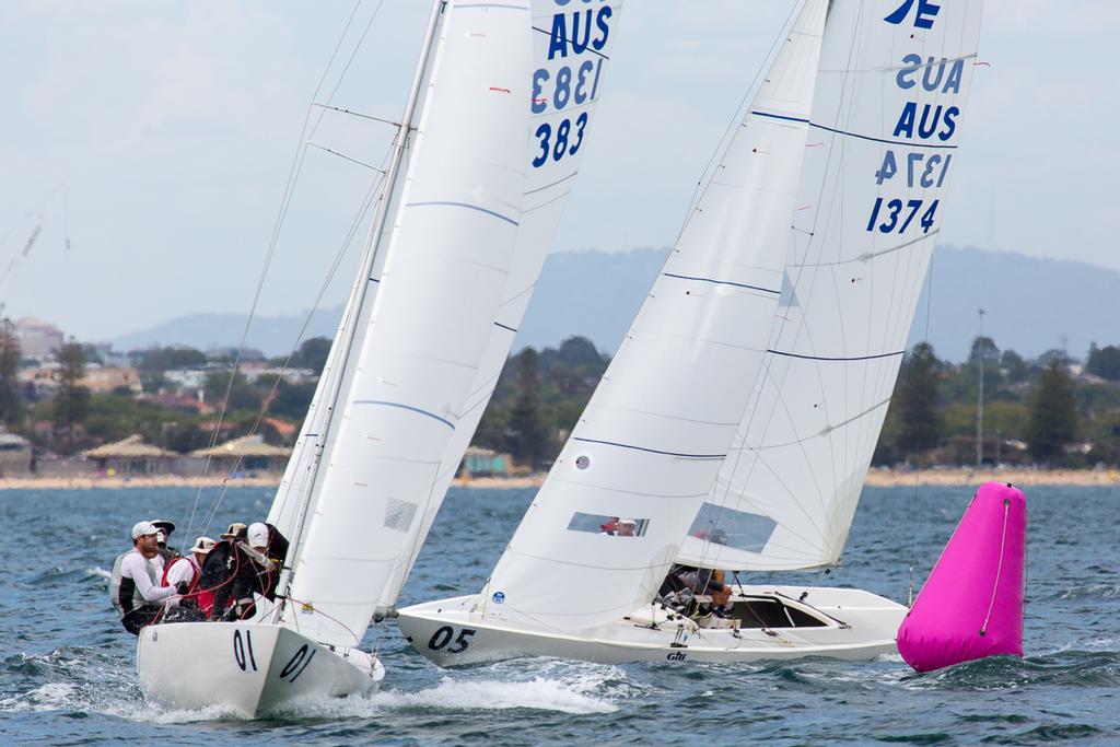 Close tussle between the right and left sides of the course gets answered at the windward mark. AUS1383 went right and AUS1374 went left! (Race Four) - 2016 Etchells Australian Championship © Kylie Wilson Positive Image - copyright http://www.positiveimage.com.au/etchells