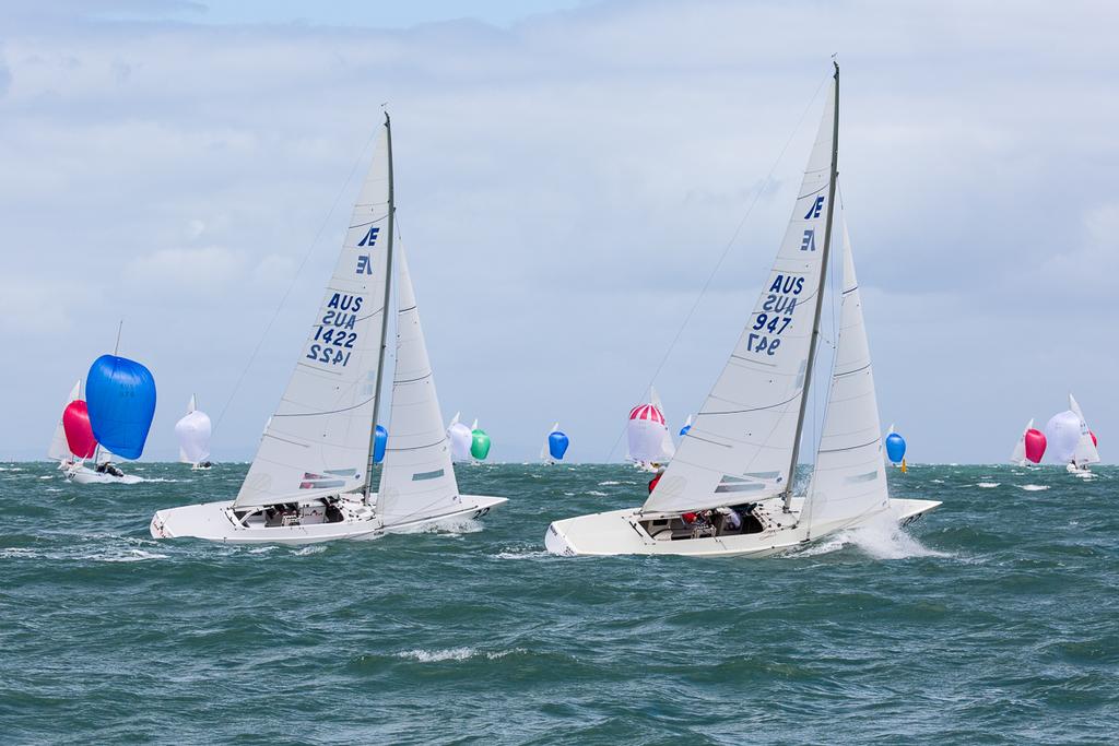 AUS1422 Land Rat leads for the first part of the race, only to have regatta winners AUS947 Magpie steal the lead of Race Seven.  - 2016 Etchells Australian Championship © Kylie Wilson Positive Image - copyright http://www.positiveimage.com.au/etchells
