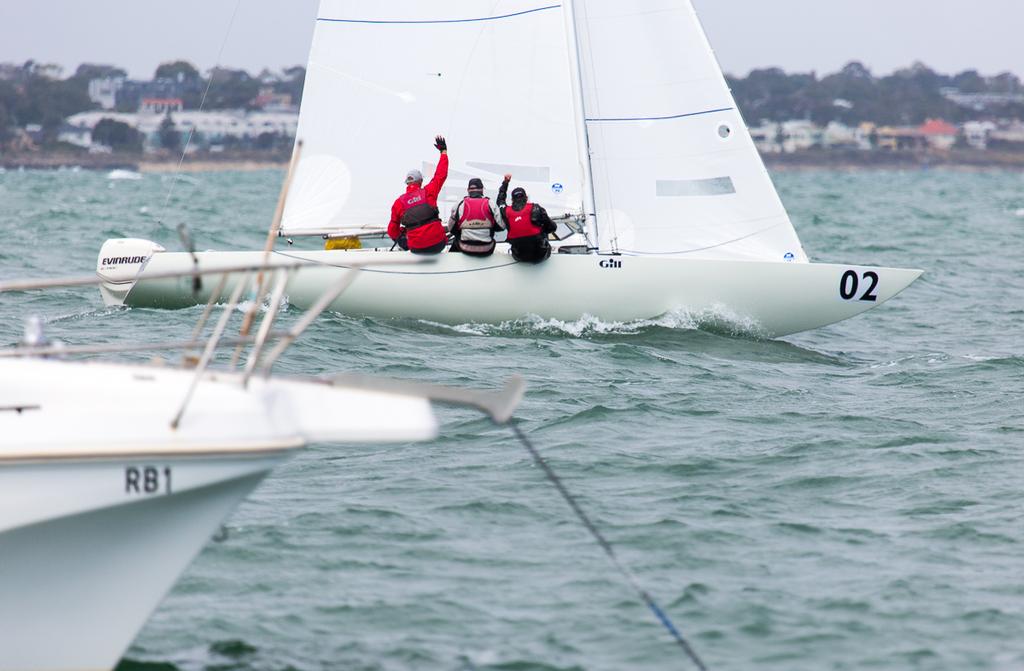 Winners are grinners. Graeme Taylor, Richie Allanson and James Mayo. Did that outboard help them? No, just brilliant sailors!  - 2016 Etchells Australian Championship © Kylie Wilson Positive Image - copyright http://www.positiveimage.com.au/etchells