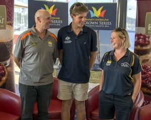 Sailors Nick Rogers (SB20s),  Jock Calvert (Lasers) and Jane McDougall (keelboats) at today's launch of the 2016 Crown Series Bellerive Regatta. photo copyright Max Ellis taken at  and featuring the  class