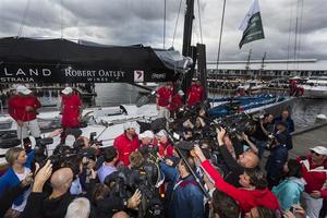 Media scrum around Bob Oatley amd Mark Richards after Wild Oats XI&rsquo;s 2014 Rolex Sydney Hobart win photo copyright Carlo Borlenghi / Rolex taken at  and featuring the  class
