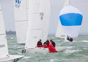 The Boat, John Collingwood, Stuart Skeggs and Jake Gunther in full battle gear for the cold last day… - 2016 Etchells Australian Championship photo copyright  John Curnow taken at  and featuring the  class