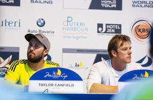 A tense moment after Taylor Canfield made an announcement about having Chris Main on his team for the upcoming season at the Press Conference this evening photo copyright  Robert Hajduk / WMRT taken at  and featuring the  class
