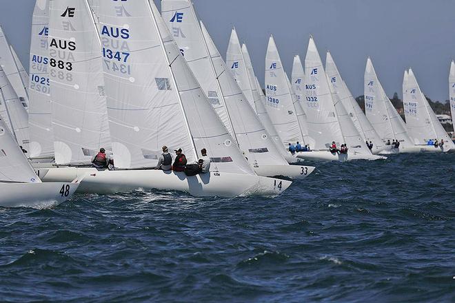 Fair Dinkum (AUS 1347) get hiking hard after making a great start during the 2016 Etchells Australian Championship at RBYC. - 2016 Brisbane Etchells Winter Championship © Kylie Wilson Positive Image - copyright http://www.positiveimage.com.au/etchells