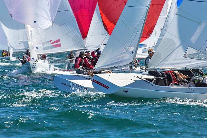Fair Dinkum heading in to the weather mark as the leaders come down under spinnaker. - 2016 Brisbane Etchells Winter Championship © Kylie Wilson Positive Image - copyright http://www.positiveimage.com.au/etchells
