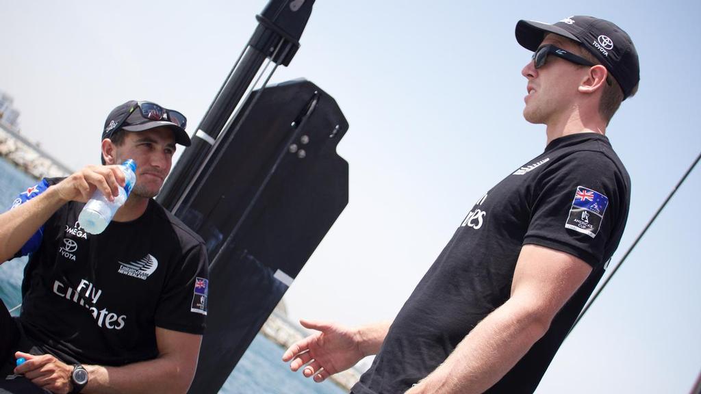 28/2/16 Helmsman Peter Burling & trimmer Blair Tuke discuss the day ahead on the way out to the race course on race day two of Louis Vuitton America's Cup World Series Oman © Hamish Hooper/Emirates Team NZ http://www.etnzblog.com
