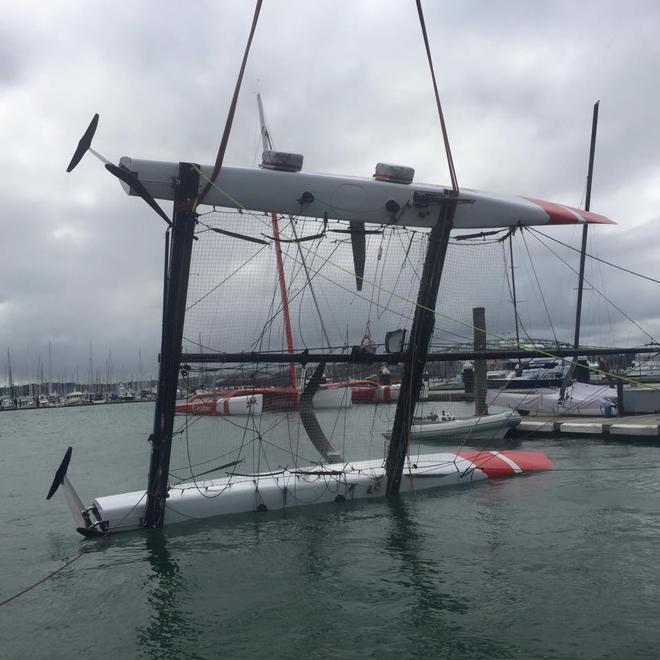 TeamVodafoneSailing’s GC32 is righted, while the team’s ORMA60 looks on - 2016 Jack Tar Auckland Regatta, Day 2 © TeamVodafoneSailing