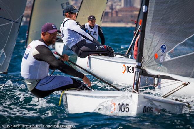 US Sailing Team Sperry Finn athletes Caleb Paine (foreground) and Zach Railey racing on Day 5 (March 11) of the 2016 Finn European Championship © Will Ricketson / US Sailing Team http://home.ussailing.org/