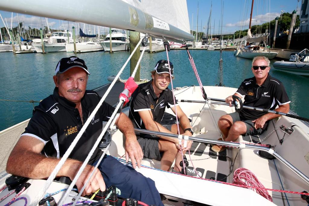  (L-R) Chris Sharp,  Andrew May and Richard Dodson aboard their boat during the New Zealand Para-Sailing Olympic Games Team Announcement at the Royal New Zealand Yacht Squadron on March 3, 2016 in Auckland, New Zealand.  (Photo by Phil Walter/Getty Images) photo copyright Getty Images taken at  and featuring the  class