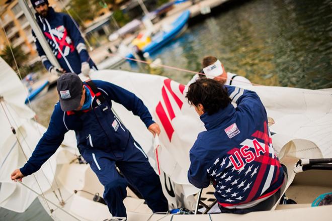 Doerr, Kendell, Freund and coach Ingham training before the start of The Sailing World Cup in Hyeres, France 2016 © Will Ricketson / US Sailing Team http://home.ussailing.org/