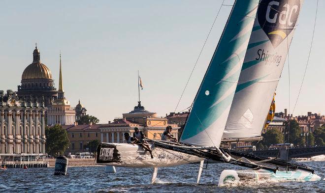 GAC Pindar flying to the upwind mark with a backdrop of the winter palace on the final day of racing in Saint Petersburg. © Lloyd Images