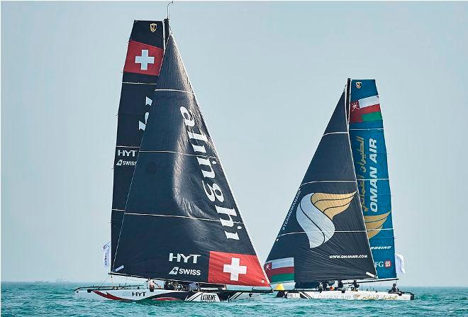 Alinghi and Oman Air on the water on day one of racing in Qingdao. Act one champions Oman Air finish in seventh for the day with Alinghi in third. © Aitor Alcalde Colomer