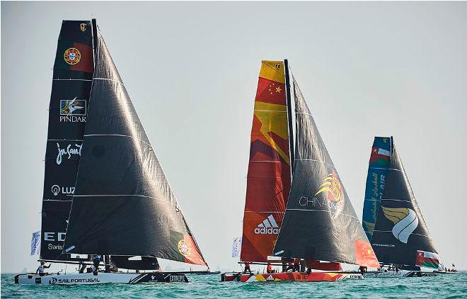 Sail Portugal, One and Oman Air open water racing on day one of Act two, Qingdao, a day with very little wind. Act one champions, Oman Air, finish in seventh place after the first day. © Aitor Alcalde Colomer