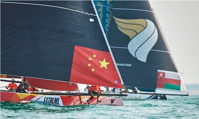 The home flagged team and Oman Air neck-and-neck on day one of racing in Qingdao. © Aitor Alcalde Colomer