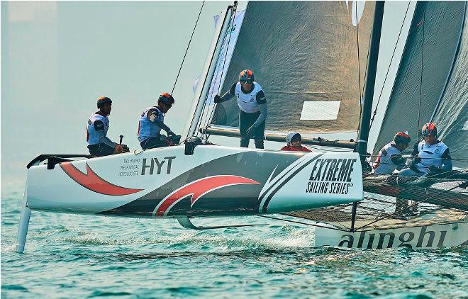 Champions of day two, Act two, Alinghi, fly a hull on the waters of Fushan Bay. © Aitor Alcalde Colomer