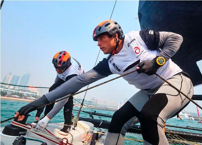 Alinghi's new crew member, Timothé Lapauw, in action on board during the first day of Stadium Racing in Qingdao. The team finish day three at the top of the leaderboard after eight podium finishes so far. © Aitor Alcalde Colomer