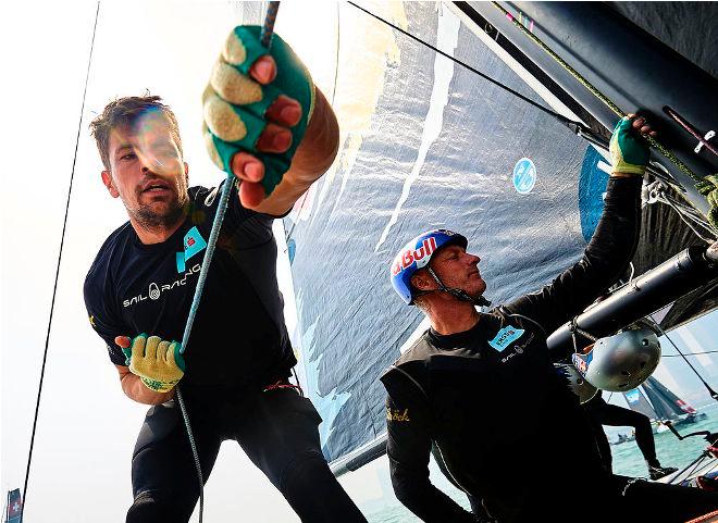 Adam Piggott and Hans Peter Steinacher on board Red Bull Sailing Team on day three of racing in Fushan Bay for Act two, Qingdao. © Aitor Alcalde Colomer