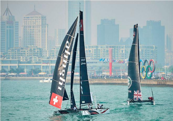 Alinghi and Land Rover BAR Academy during a race on the penultimate day in China © Aitor Alcalde Colomer