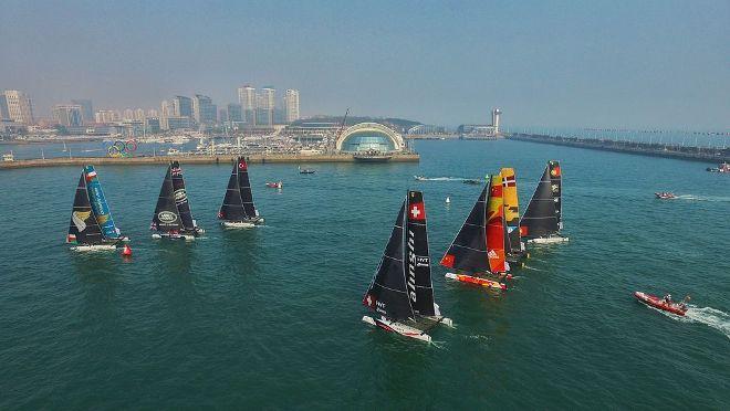 Shot of the fleet of GC32s in action in Fushan Bay taken from a drone on day 2 of racing in Qingdao © Z-drones