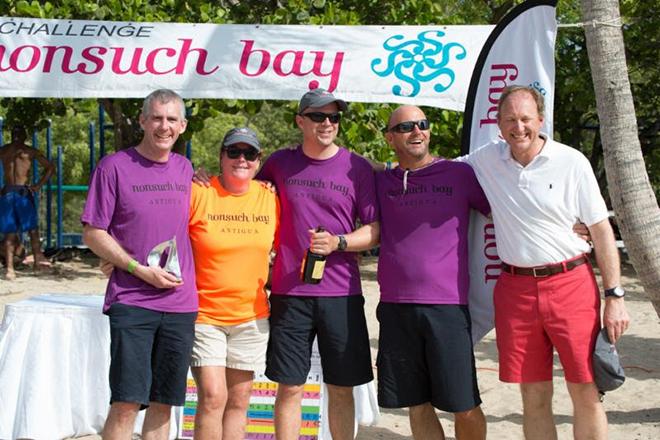 Winner of the Nonsuch Bay RS Elite Challenge 2016 - Itchenor Sailing Club (Ian Walker, Chris Fox and Richard Bullock) with Kathy Lammers (Chairman, ASW Regatta Organising Committee and Mark Whinney from Nonsuch Bay Resort  © Ted Martin