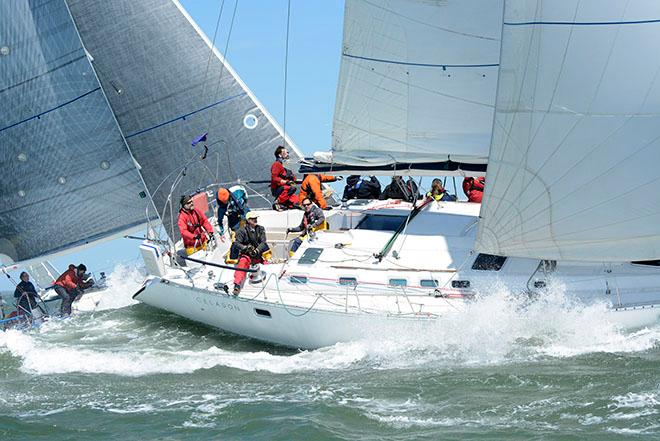 Steve Lesniak's Charleston-based Beneteau 510 Celadon is among the biggest boats at the event and even it's crew found the massive waves offshore to be a challenge on Day 2 of Sperry Charleston Race Week. © Tim Wilkes
