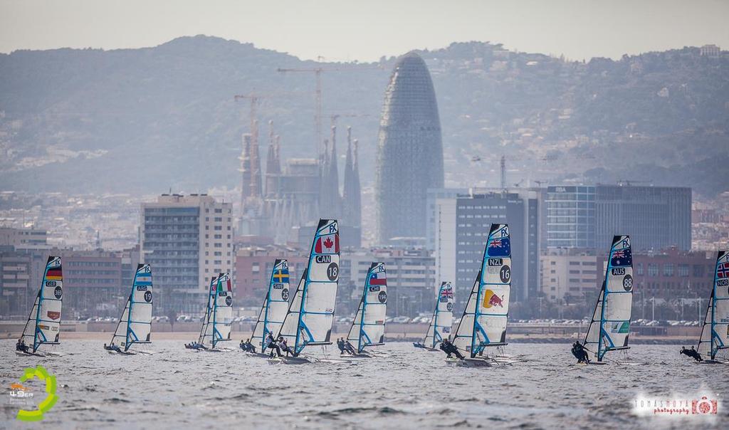 49erFX fleet sailing against the stunning backdrop of Barcelona - Day 5 2016 49er and 49erFX European Championship © Tomas Moya