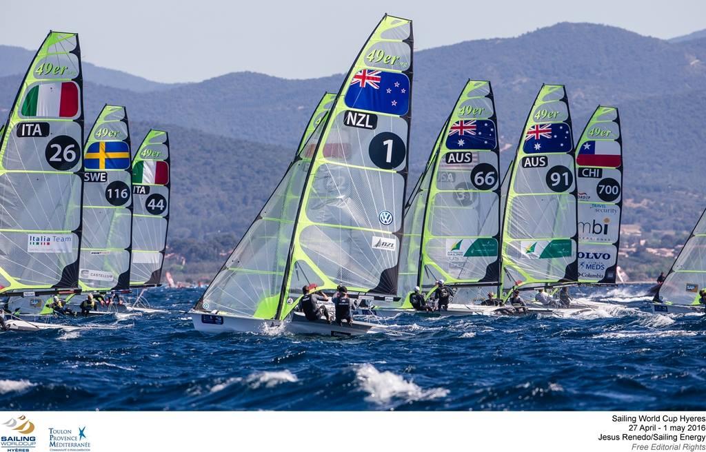 49er Fleet - 2016 Sailing World Cup Hyeres - Day 1 photo copyright  Jesus Renedo / Sailing Energy http://www.sailingenergy.com/ taken at  and featuring the  class