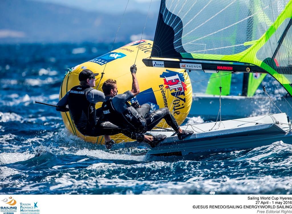 Peter Burling and Blair Tuke (NZL) - 49er - 2016 Sailing World Cup Hyeres - Day 1 photo copyright  Jesus Renedo / Sailing Energy http://www.sailingenergy.com/ taken at  and featuring the  class
