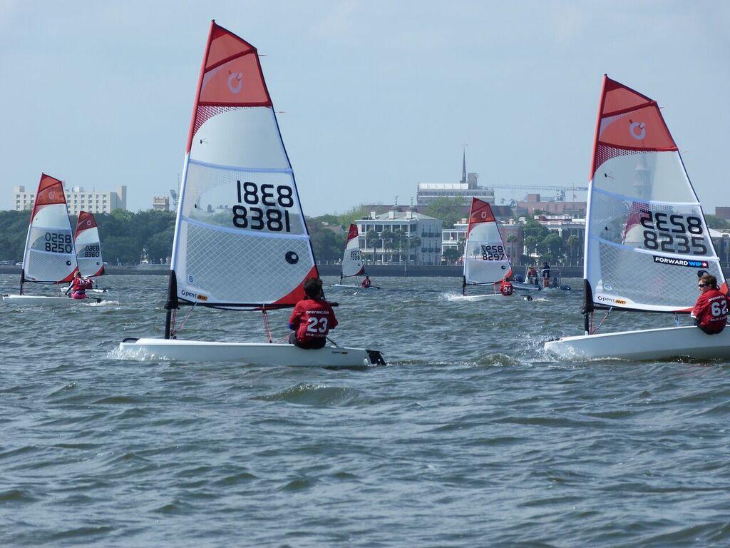 Upwind with Charleston back drop - 2016 O'Pen BIC North Americans © Nevin Sayre