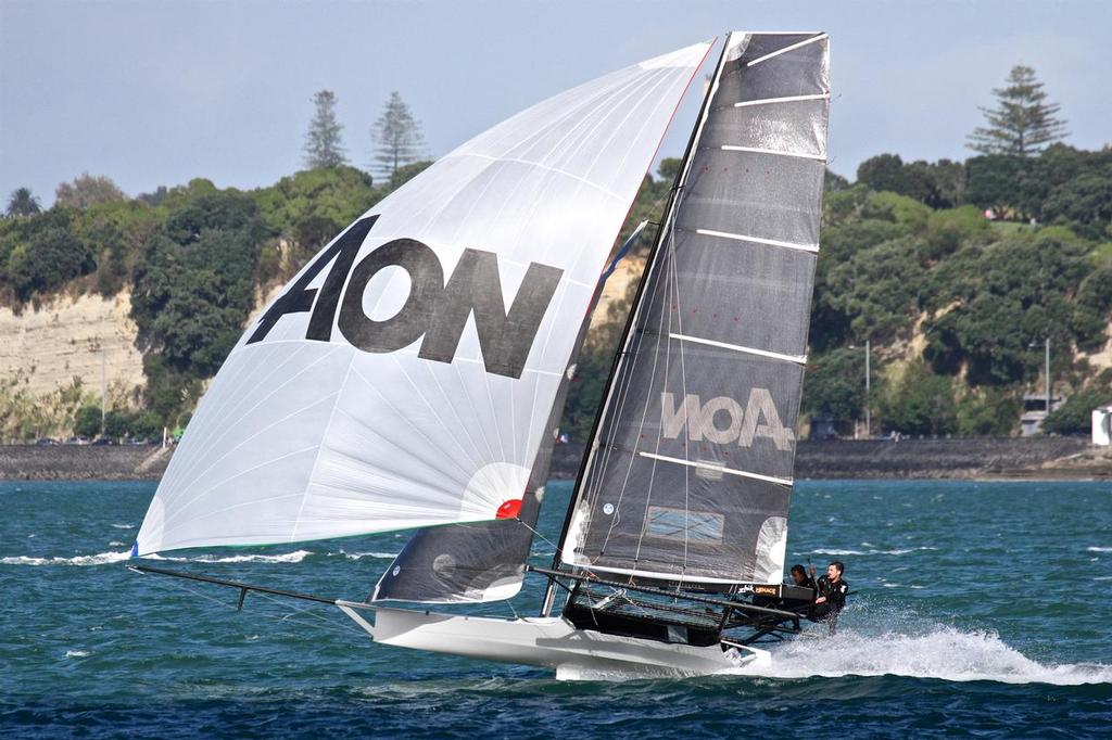 AON flies down the Waitemata - ANZAC Skiffs - Day 4 - April 2016 photo copyright Richard Gladwell www.photosport.co.nz taken at  and featuring the  class