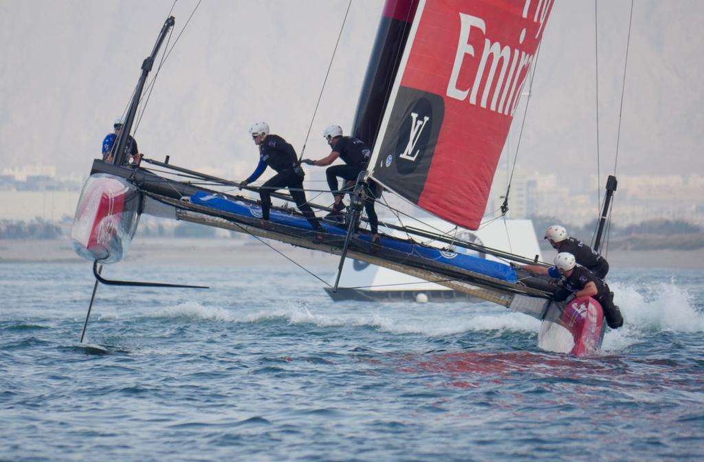 Emirates Team New Zealand sailing on Practice race day of Louis Vuitton America's Cup World Series Oman photo copyright Emirates Team New Zealand http://www.etnzblog.com taken at  and featuring the  class