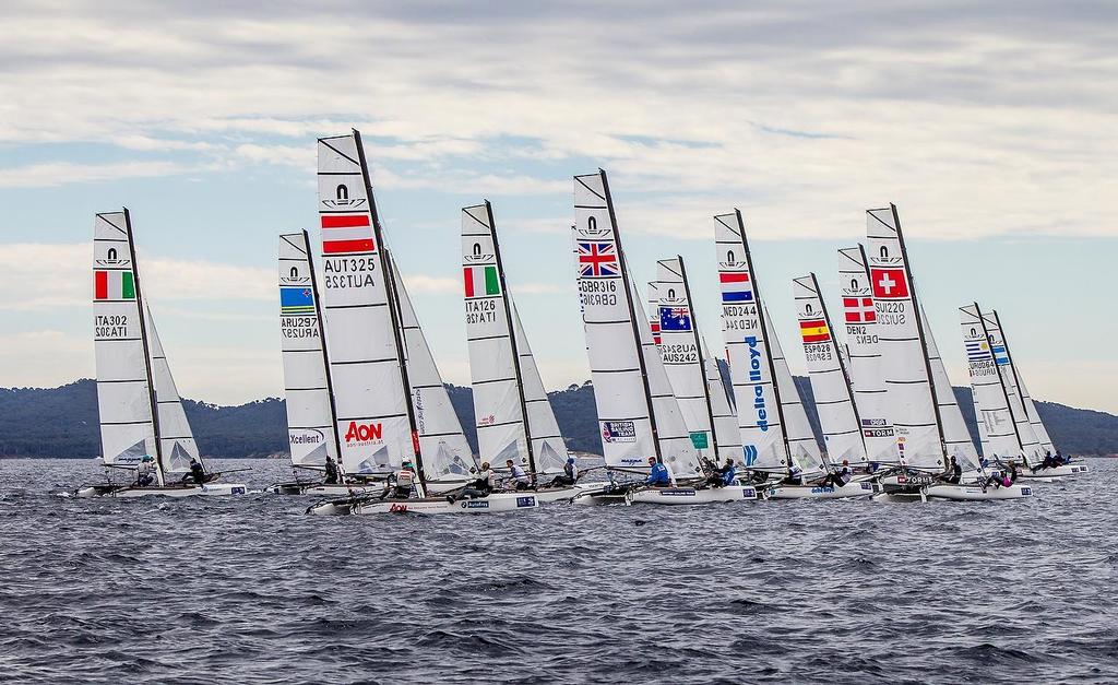Nacra 17 start - World Sailing Cup Hyeres Day 2 photo copyright Pedro Martinez / Sailing Energy / World Sailing taken at  and featuring the  class
