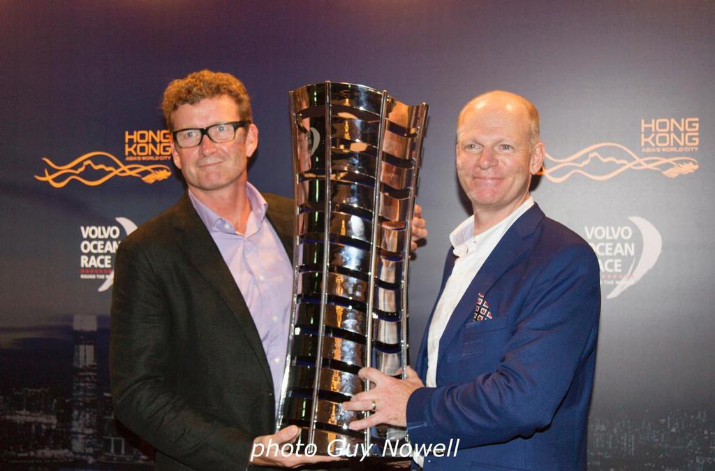 Volvo Ocean Race 2017-18. Anthony Day (HKSF) and John Bramley (VOR) show off the VOR trophy at the Hong Kong Stopover Press Announcement © Guy Nowell http://www.guynowell.com