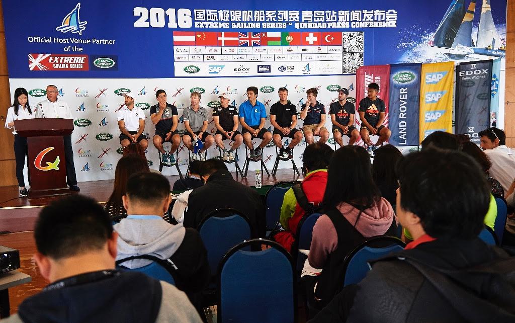 Act 2, Qingdao press conference attracted high numbers of Chinese media. Local sailor Liu Xue joined his skipper, Taylor Canfield in the Q&A. © Aitor Alcalde Colomer