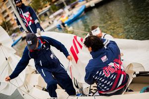 Doerr, Kendell, Freund and coach Ingham training before the start of The Sailing World Cup in Hyeres, France 2016 photo copyright Will Ricketson / US Sailing Team http://home.ussailing.org/ taken at  and featuring the  class