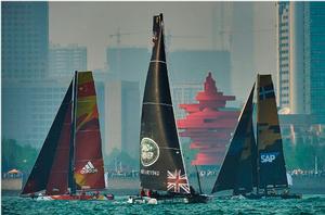 Land Rover BAR Academy, One and SAP Extreme Sailing Team race ahead of Qingdao's May Fourth Square photo copyright Aitor Alcalde Colomer taken at  and featuring the  class