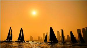 The GC32 fleet entered the Qingdao Stadium on the second day of racing in China photo copyright Aitor Alcalde Colomer taken at  and featuring the  class