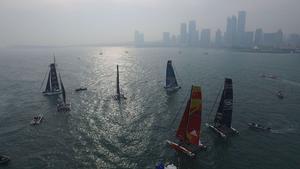 Beautiful shot of the GC32 fleet in action in Fushan Bay on day three of racing in Qingdao. photo copyright Z-drones taken at  and featuring the  class
