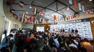 It was a big media turn out to open Act 3, Qingdao 2015 Extreme Sailing Series photo copyright Lloyd Images taken at  and featuring the  class