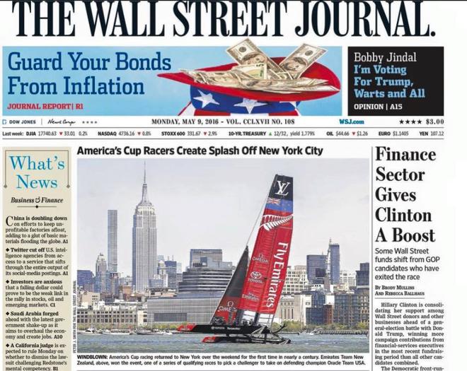 Front Page - Wall Street Journal, Monday May 9, 2016 - Louis Vuitton America's Cup World Series New York © Emirates Team New Zealand http://www.etnzblog.com